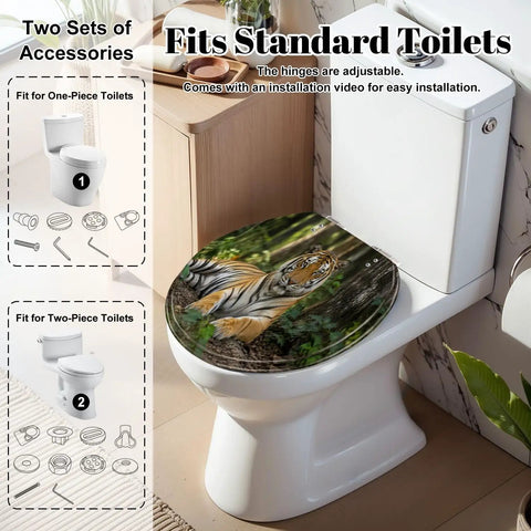 Round Tiger portrait Toilet Seat fitting standard toilets with adjustable hinges, colorful tiger design on durable resin.