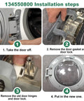 Installation steps for Upgraded 134550800 Washer Door Hinge With Bushings And 131763310 Striker Kit for front-load washers.