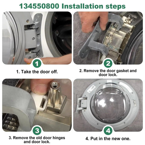 Installation steps for Upgraded 134550800 Washer Door Hinge With Bushings And 131763310 Striker Kit for front-load washers.
