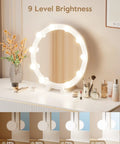 LED Vanity Lights Kit With 10 Dimmable Bulbs For Makeup Table Plug In White showcasing brightness levels on round mirror.