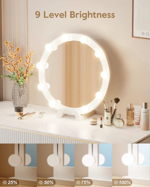 LED Vanity Lights Kit With 10 Dimmable Bulbs For Makeup Table Plug In White showcasing brightness levels on round mirror.