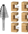 1/2 Inch Shank Rabbet Router Bit Set with six adjustable bearings, carbide tipped rabbeting bits in sizes shown on wood blocks.