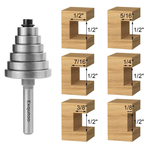 1/2 Inch Shank Rabbet Router Bit Set with six adjustable bearings, carbide tipped rabbeting bits in sizes shown on wood blocks.