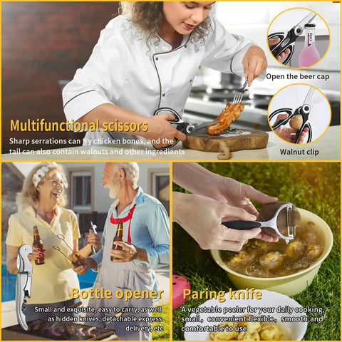 Collage showcasing multifunctional tools in 15 Piece Camping Kitchen Utensil Set For RVs Camping Backpacking And Travel Premium Outdoor Cooking Tools
