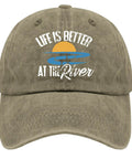 Life Is Better By The River Quote Baseball Hat For Men, Dope Camping Ready Cap close-up; khaki color, text design visible.