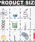 Product size chart for 40 Pack Science Hanging Decorations For Kids Birthday Parties And STEM Classrooms, Beaker And Atom Themed Ceiling Danglers.