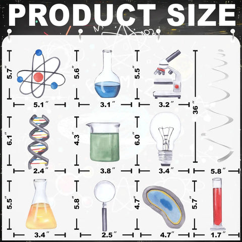 Product size chart for 40 Pack Science Hanging Decorations For Kids Birthday Parties And STEM Classrooms, Beaker And Atom Themed Ceiling Danglers.