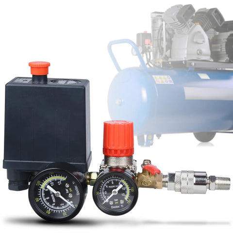 Air Compressor Pressure Switch With Four Way Valve Regulator, 0-180 PSI Adjustable, Safety Relief Valve, On Off Red Switch, Threads Pipe And Plug