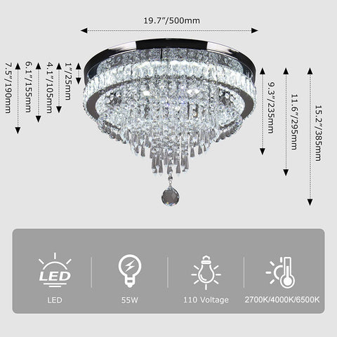 Modern Crystal Chandelier With Four Tier Hourglass Design, 19.7 Inch Ceiling Light showing dimensions and features.
