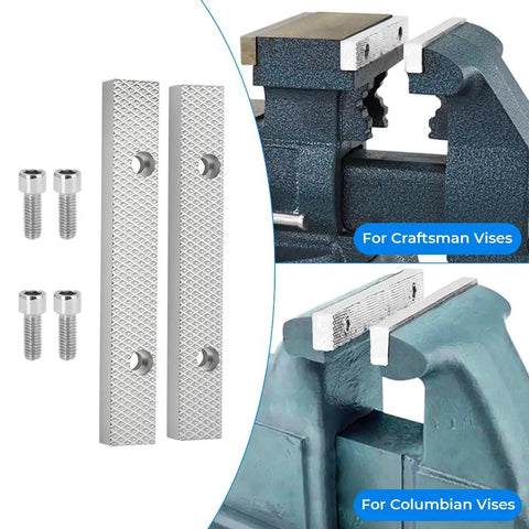 Shop Floor Approved Aluminum Vise Jaws With Offset Build Designed To Hold Firm At 5 1/2 Inches Wide And 3 Inch Center Spacing, shown with screws for installation.
