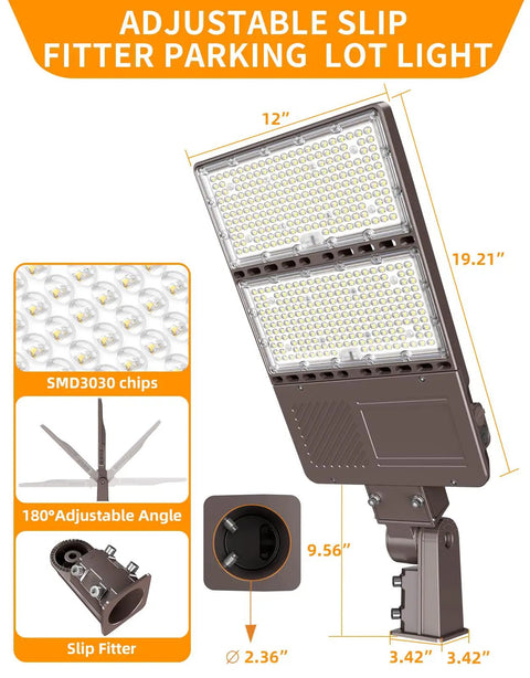 Diagram of Rugged 240W 200W 150W Adjustable LED Parking Lot Light With 5000K Output UL DLC Listed Photocell IP65 Slip Fitter