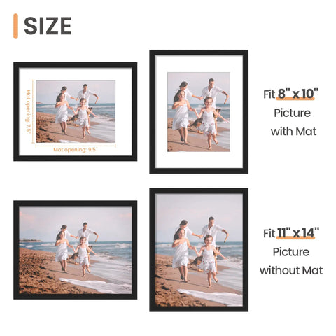 Classic Black 11x14 Picture Frame with Mat for 8x10 Photos or 11x14 Without Mat, Double Size Design showcasing both configurations
