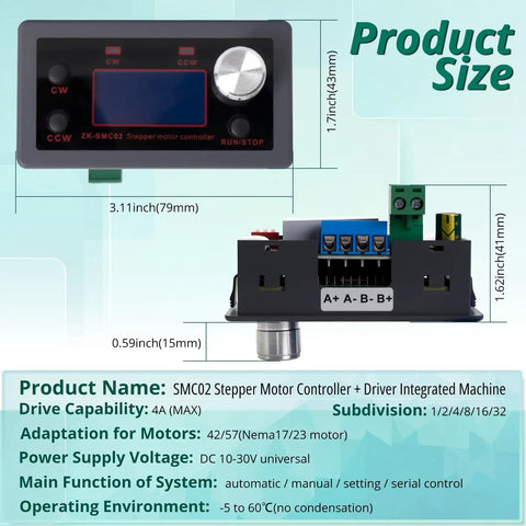 2 In 1 Integrated Stepper Motor Driver And Controller For Nema 17 And Nema 23 Motors With 1 To 128 Microstep Resolution Compact Build diagram with dimensions and features.