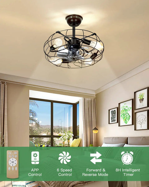 Farmhouse Ceiling Fan With Lights 20 Inch Caged Ceiling Fan Light With Remote Control Reversible Motor installed in living room