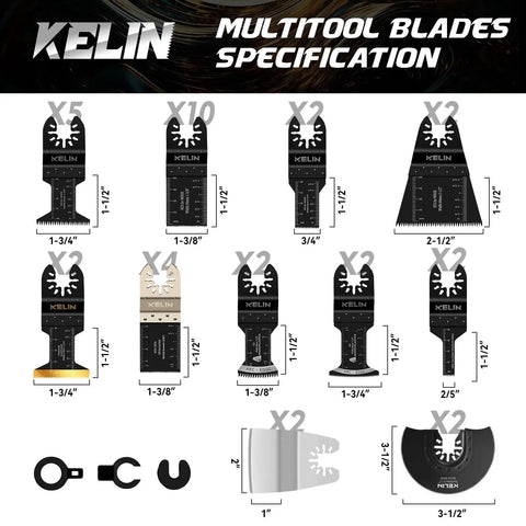 Top Shelf 120 Piece Oscillating Multi Tool Accessory Kit Packing Tough As Nails Cutting Sanding And Scraping Blades specifications with various blade sizes.