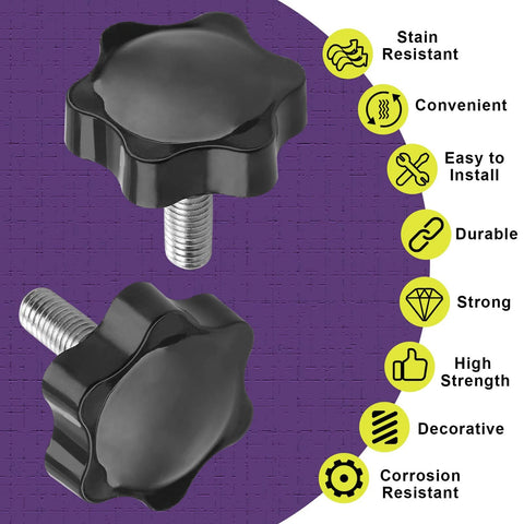 Two black plastic star-shaped clamping knobs with M6 x 30mm threaded studs