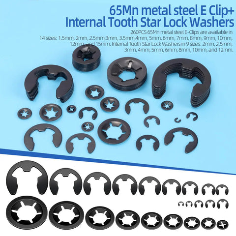 261 Pcs Lock Washer And E Clip Kit with 100 Internal Tooth Star Washers and 160 E Ring Circlips displayed on blue background