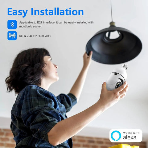 Woman installing Top Tier 5G And 24G Dual Band Wifi Light Bulb Security Camera For Outdoor Home Surveillance in a ceiling fixture.