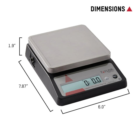 11 Pound Pro-Grade Commercial Digital Portion Control Scale With 0.1 Oz Increments, Tare And Hold Functions, Stainless Steel Platform, NSF Certified Kitchen Scale For Precise Portions In Busy Food Prep Environments shown with dimensions.
