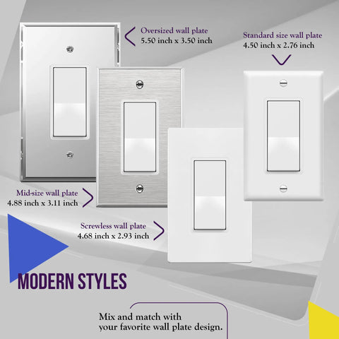 3-Way Decorator Paddle Light Switch With Gloss Finish, white switches in various wall plate sizes and styles, 10 pack
