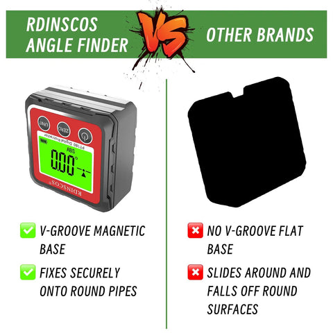 Straight Up Digital Angle Finder With Heavy Duty Magnetic V Groove Base And Bright Backlight comparison showing features over other brands.