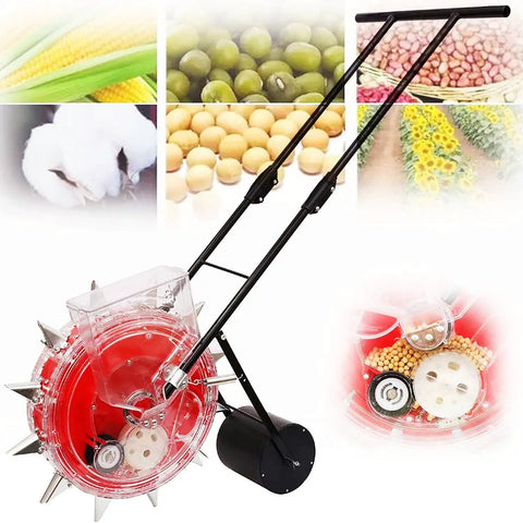 All In One Garden Push Seeder Planter And Fertilizer Spreader with 12-beak roller, shown with seeds and grains in background.
