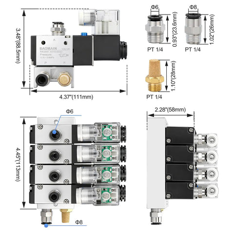 4 Station Solenoid Valve Manifold 12V DC 3 Way 2 Position Pneumatic Air Valve with four solenoids, manifold base, and mufflers shown