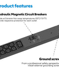 Heavy Duty Rack Mount Pdu Power Bar Loaded With 44 Outlets Featuring 36 C13 And 6 C19 Plus Two 5 20R Plugs Nema L21 30P Input And 10 Ft Cord For Data Center Rigs, showing hydraulic magnetic circuit breakers.