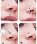 Four-step guide showing Six-Piece 18G Titanium Curved Piercing Taper Insertion Pins for threadless nose ring application.