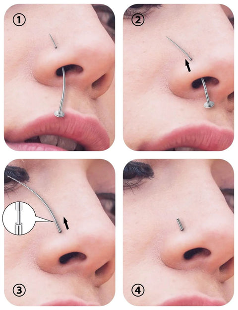 Four-step guide showing Six-Piece 18G Titanium Curved Piercing Taper Insertion Pins for threadless nose ring application.