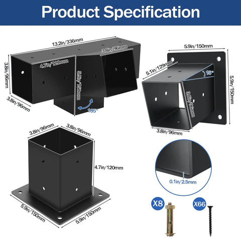 Heavy Duty Pergola Bracket Kit With 15 Degree Slanted Roof Wall Mount, 4 Way Post Base For 4 By 4 Beams, Rust Resistant Carbon Steel, Easy Install For Gazebos, Patio Pergolas, And Log Cabins