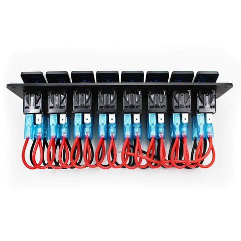 Back view of 8 Gang Waterproof Rocker Switch Panel With Blue LED Backlight For 12V And 24V Boats Cars Trucks Marine RVs And Trailers