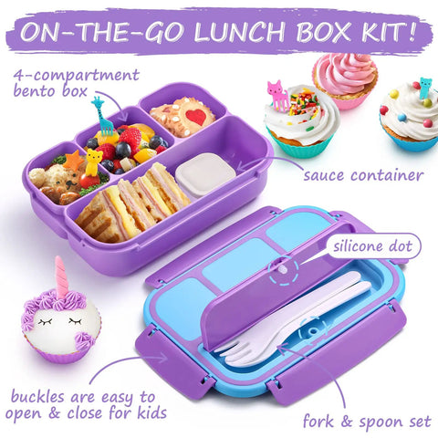 Colorful 4 Compartment Bento Lunch Box Set For Kids And Adults With 1200ml Capacity Includes Sauce Container Utensils Food Picks And Muffin Cups Purple Color Perfect For School Lunches Meal Prep And On The Go