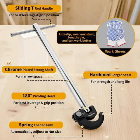 11 Inch Basin Wrench With Adjustable Jaws For Tight Spaces Swivel Head 180 Degree Access Faucet Nut Tool on table