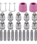Heavy Duty Plasma Torch Consumables Kit With Two Premium Cups And Secure Brackets For Smooth Industrial Cutting On Steel Auto Parts, featuring multiple nozzles and brackets.