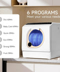 Compact Countertop Dishwasher With Built-In Water Tank For Apartments And RVs, Mini Portable Tabletop Washer displaying 6 program options.