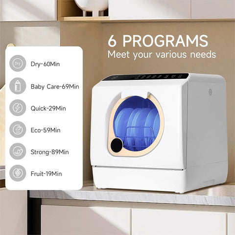 Compact Countertop Dishwasher With Built-In Water Tank For Apartments And RVs, Mini Portable Tabletop Washer displaying 6 program options.