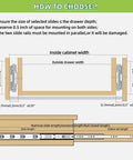 Installation guide for Heavy Duty Drawer Slides Beefed Up Full Extension Ball Bearing Rails 150 LB Load 12 14 16 18 20 22 24 32 40 Inch Cabinet Runners For Tool Boxes And Drawers Zinc Plated Steel Tracks showing slide length and extension requirements.
