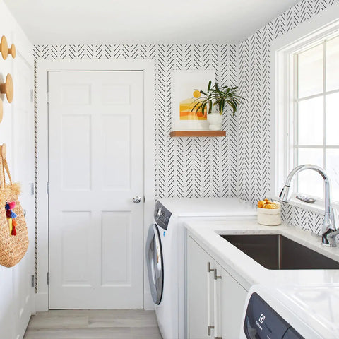 Laundry room featuring Black And White Peel And Stick Wallpaper Geometric Herringbone Vinyl Self Adhesive Contact Paper For Bathroom