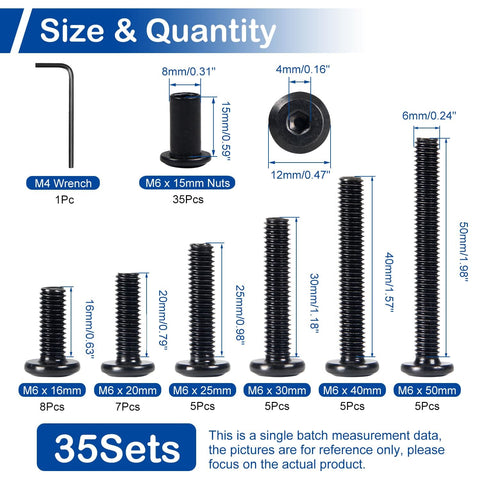35 Sets Black M6 Hex Drive Socket Cap Bolts Screws Kit For Furniture And Cabinets Heavy Duty Binding Screws Featuring 16 20 25 30 40 50mm Lengths With Nuts Built For Chairs Tables Cribs Cabinets And DIY Projects showing size and quantity details with M4 wrench, nuts, and different bolt lengths.