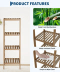 Slick Four Tier Bamboo Shelf Freestanding Bathroom Storage Rack Corner Organizer showing product features like water-resistant finish and easy cleaning.