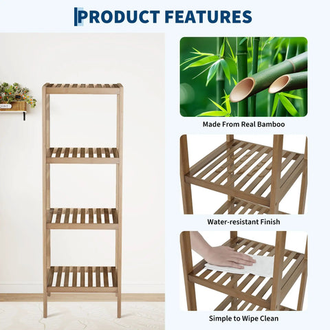 Slick Four Tier Bamboo Shelf Freestanding Bathroom Storage Rack Corner Organizer showing product features like water-resistant finish and easy cleaning.