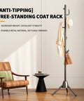 Heavy Duty Anti-Tip Coat Rack With 8 lb Stable Base And 80 lb Load Tested Metal Standing Tree Featuring Eight Hooks And 3 Height Adjustable Levels For Space-Saving Organization In Entryway Bedroom Or Office