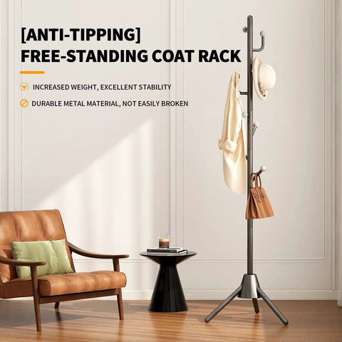 Heavy Duty Anti-Tip Coat Rack With 8 lb Stable Base And 80 lb Load Tested Metal Standing Tree Featuring Eight Hooks And 3 Height Adjustable Levels For Space-Saving Organization In Entryway Bedroom Or Office