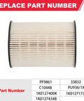 Diesel Fuel Filter PU 936/1X for 2005-2014 Golf and 2010-2014 Jetta engines, shown with replacement part numbers PF9861 and 1K0127434B.