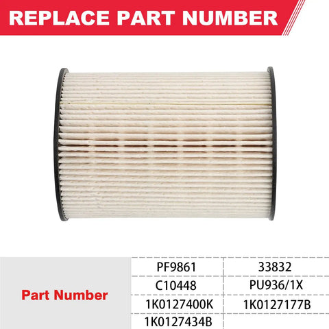Diesel Fuel Filter PU 936/1X for 2005-2014 Golf and 2010-2014 Jetta engines, shown with replacement part numbers PF9861 and 1K0127434B.