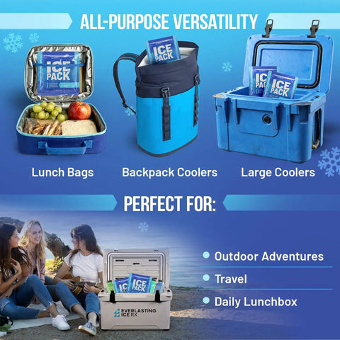Performance Reusable Ice Packs For Lunch Boxes Lunch Bags And Coolers Four Pack Keeps Your Food Cold For Up To Twelve Hours Perfect For Camping Outdoors And Beach Trips displayed with lunch bags, backpack coolers, and large coolers.