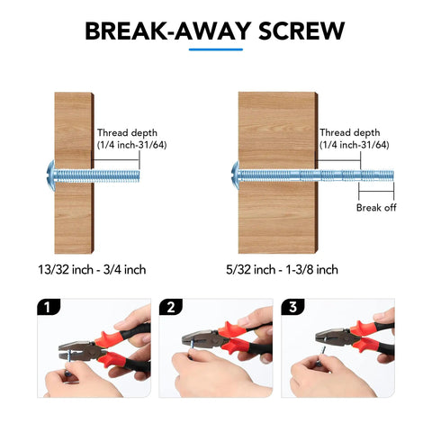Illustration of break-away screw showing adjustable lengths with pliers cutting excess, guide for 15 Pack One And One Fifth Inch Rustic Knobs.