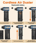 Six-step guide for replacing battery in Electric Air Duster With Two Replaceable Batteries, 3 Gear Adjustable High Power Mini Blower.