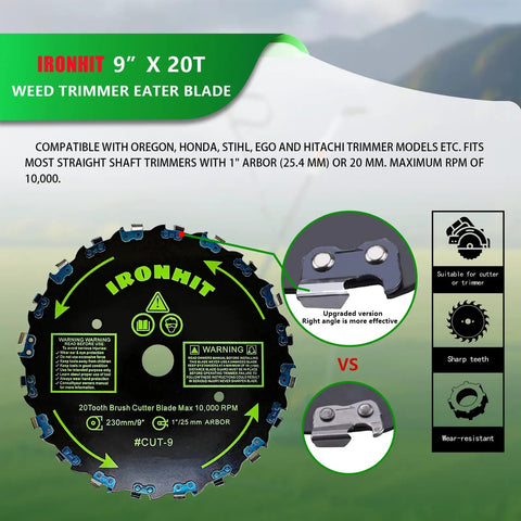 Nine Inch Twenty Tooth Manganese Steel Brush Cutter Blades For Weed Eater String Trimmers Arbor Fits One Inch Shaft 25mm
